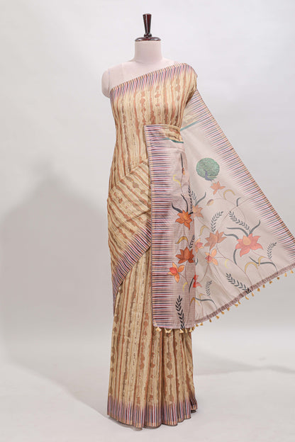 Mustard striped digital print linen cotton saree with contrast border and floral design pallu
