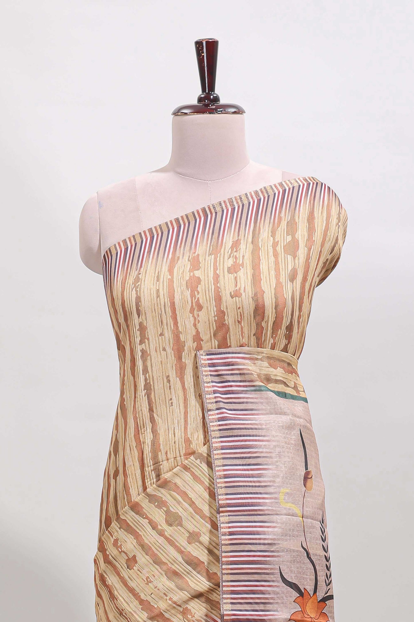 Mustard striped digital print linen cotton saree with contrast border and floral design pallu