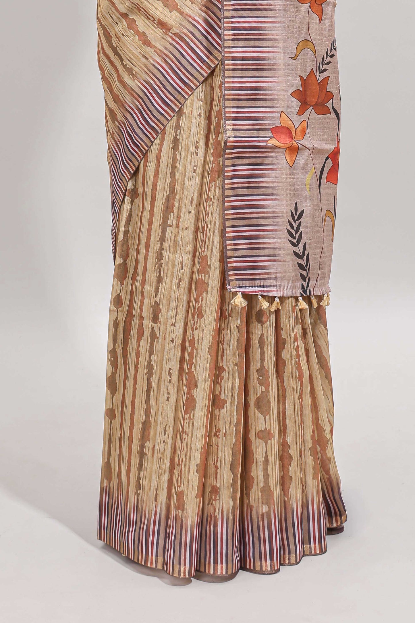 Mustard striped digital print linen cotton saree with contrast border and floral design pallu