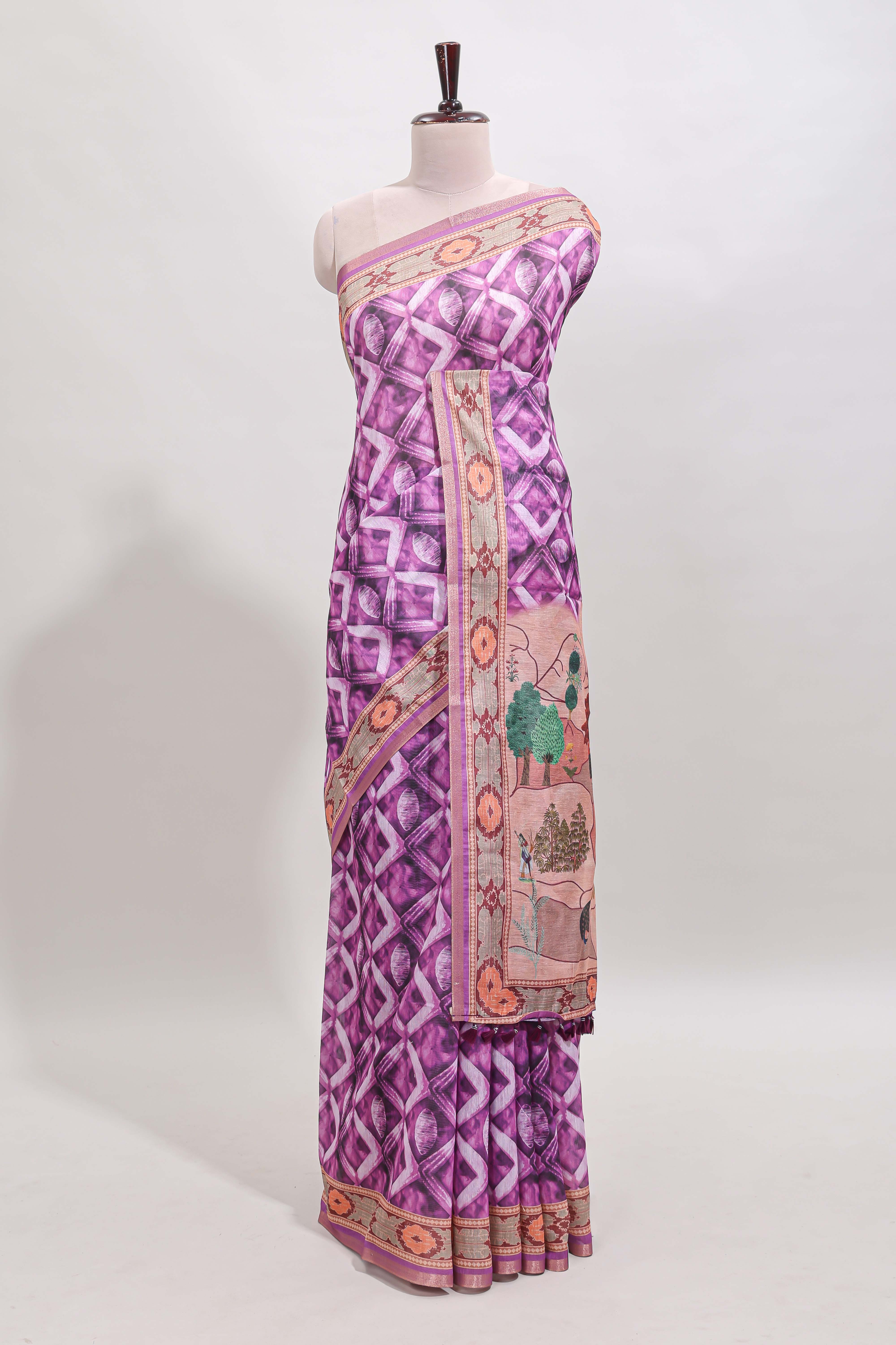 Purple geometric digital print linen cotton saree with self zari border and matching blouse