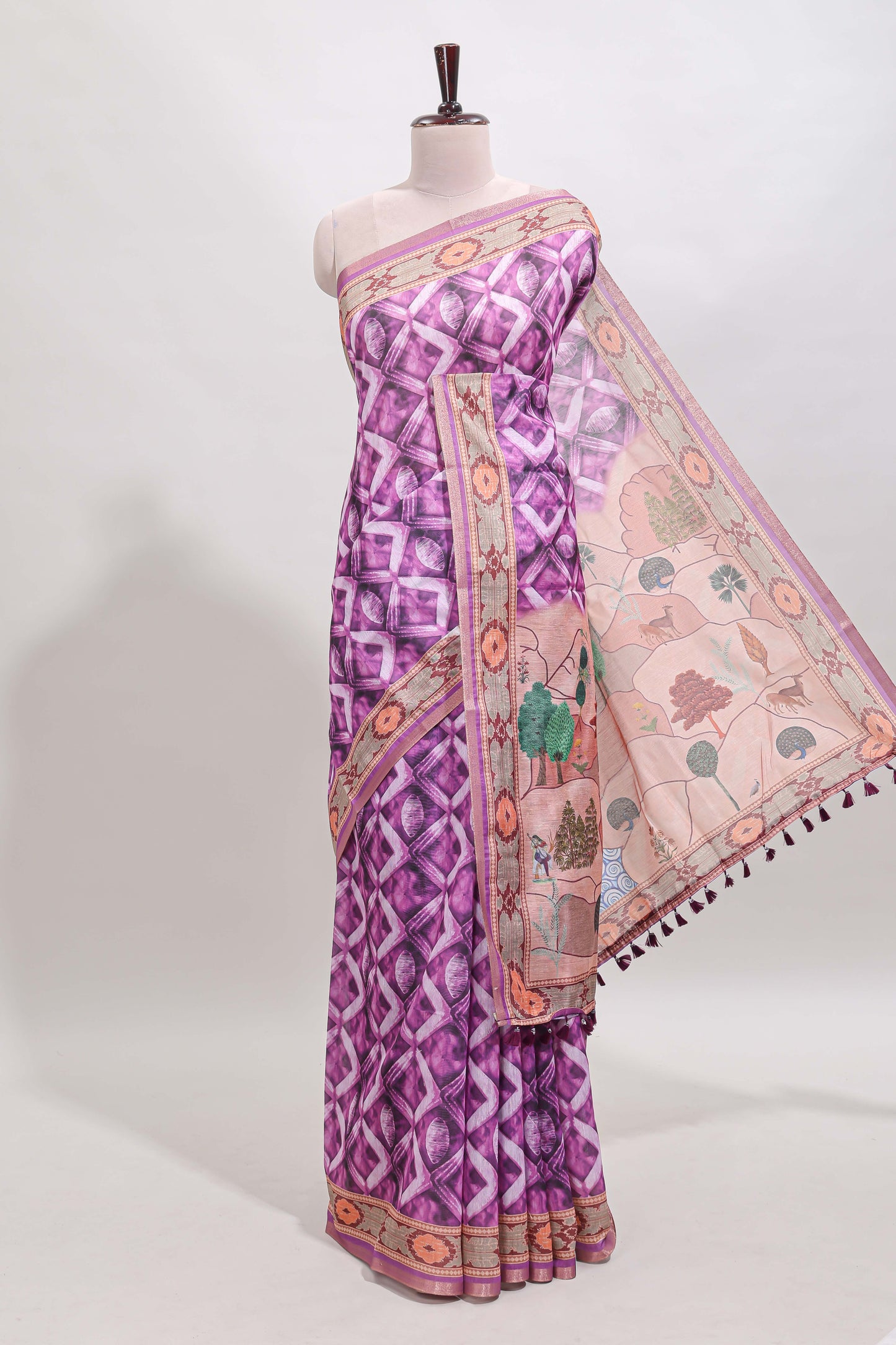 Purple geometric digital print linen cotton saree with self zari border and matching blouse