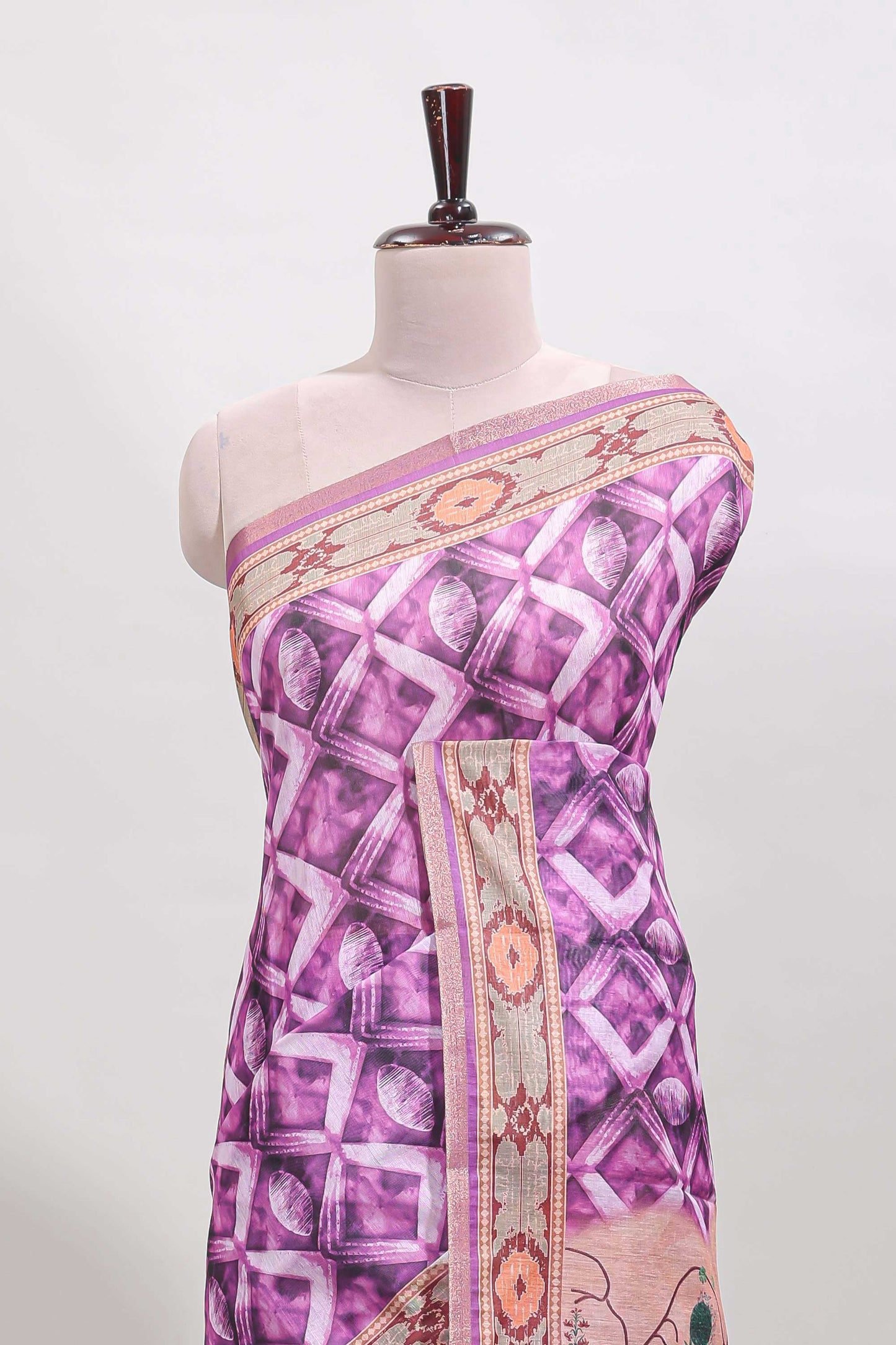 Purple geometric digital print linen cotton saree with self zari border and matching blouse