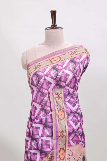 Purple geometric digital print linen cotton saree with self zari border and matching blouse