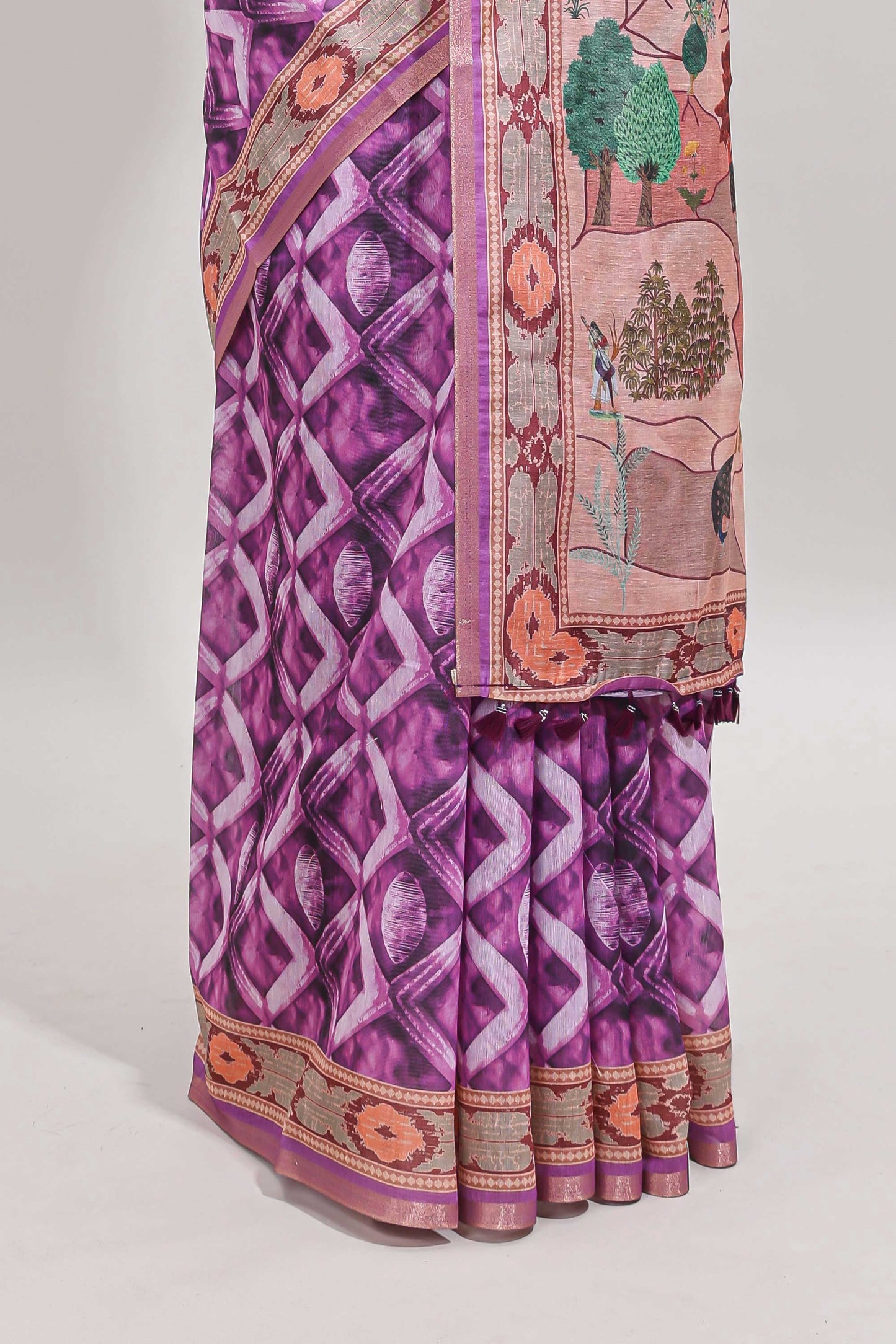 Purple geometric digital print linen cotton saree with self zari border and matching blouse