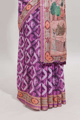 Purple geometric digital print linen cotton saree with self zari border and matching blouse