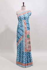 Blue geometric digital print linen cotton saree with self zari border and matching blouse
