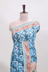 Blue geometric digital print linen cotton saree with self zari border and matching blouse
