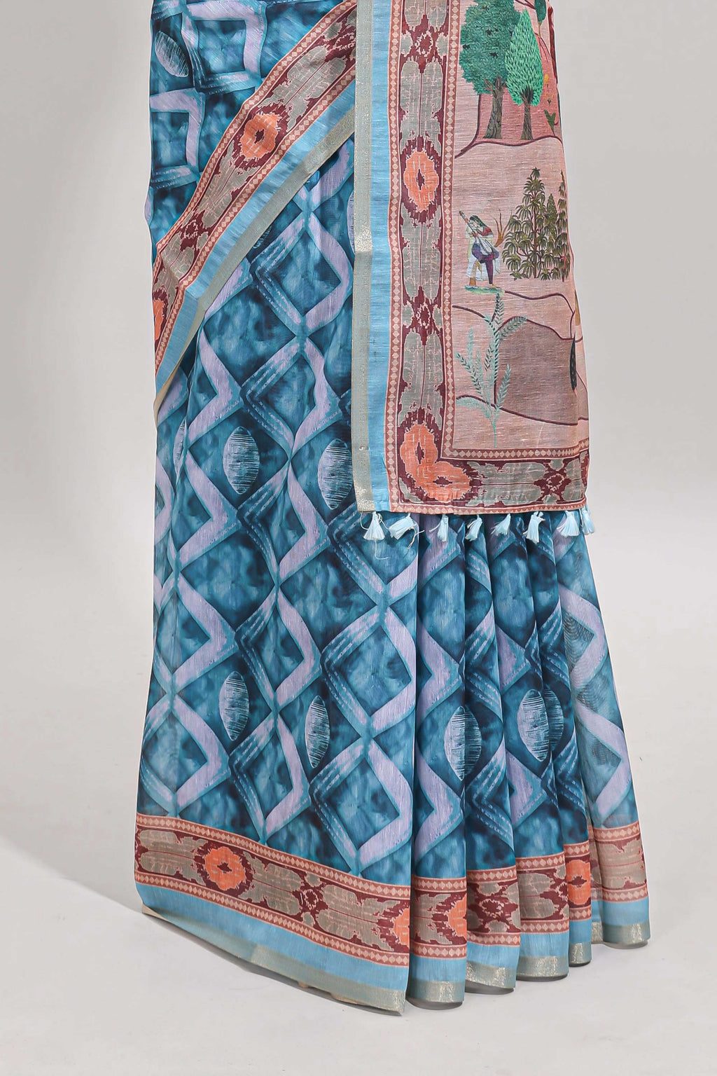 Blue geometric digital print linen cotton saree with self zari border and matching blouse