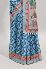 Blue geometric digital print linen cotton saree with self zari border and matching blouse