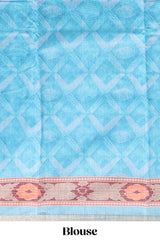 Blue geometric digital print linen cotton saree with self zari border and matching blouse
