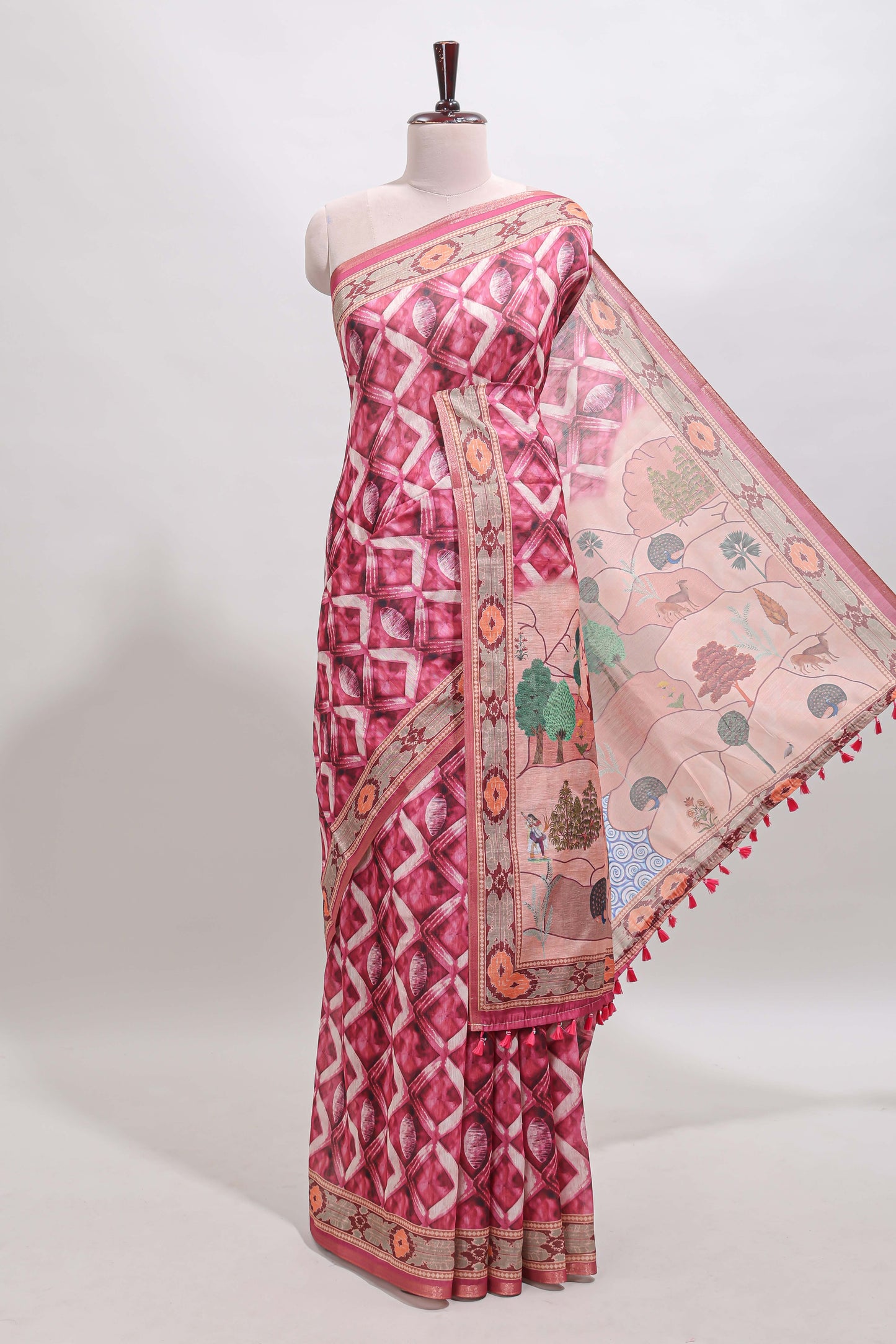 Pink geometric digital print linen cotton saree with self zari border and matching blouse