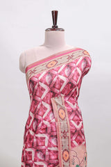 Pink geometric digital print linen cotton saree with self zari border and matching blouse