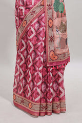 Pink geometric digital print linen cotton saree with self zari border and matching blouse