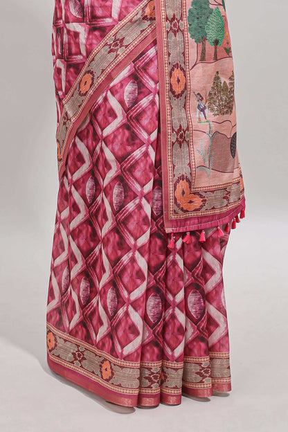 Pink geometric digital print linen cotton saree with self zari border and matching blouse
