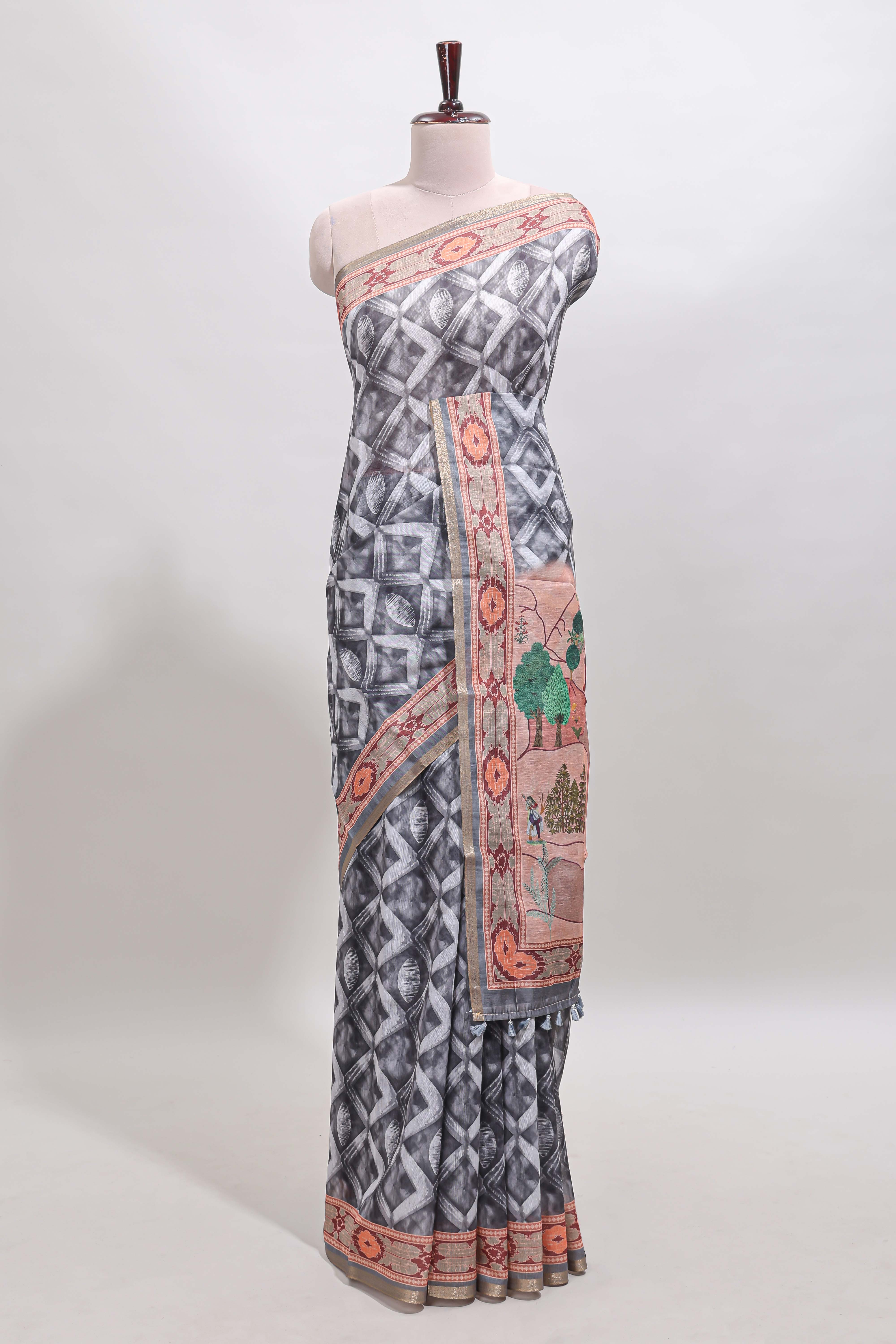 Grey geometric digital print linen cotton saree with self zari border and matching blouse