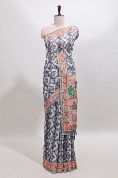 Grey geometric digital print linen cotton saree with self zari border and matching blouse