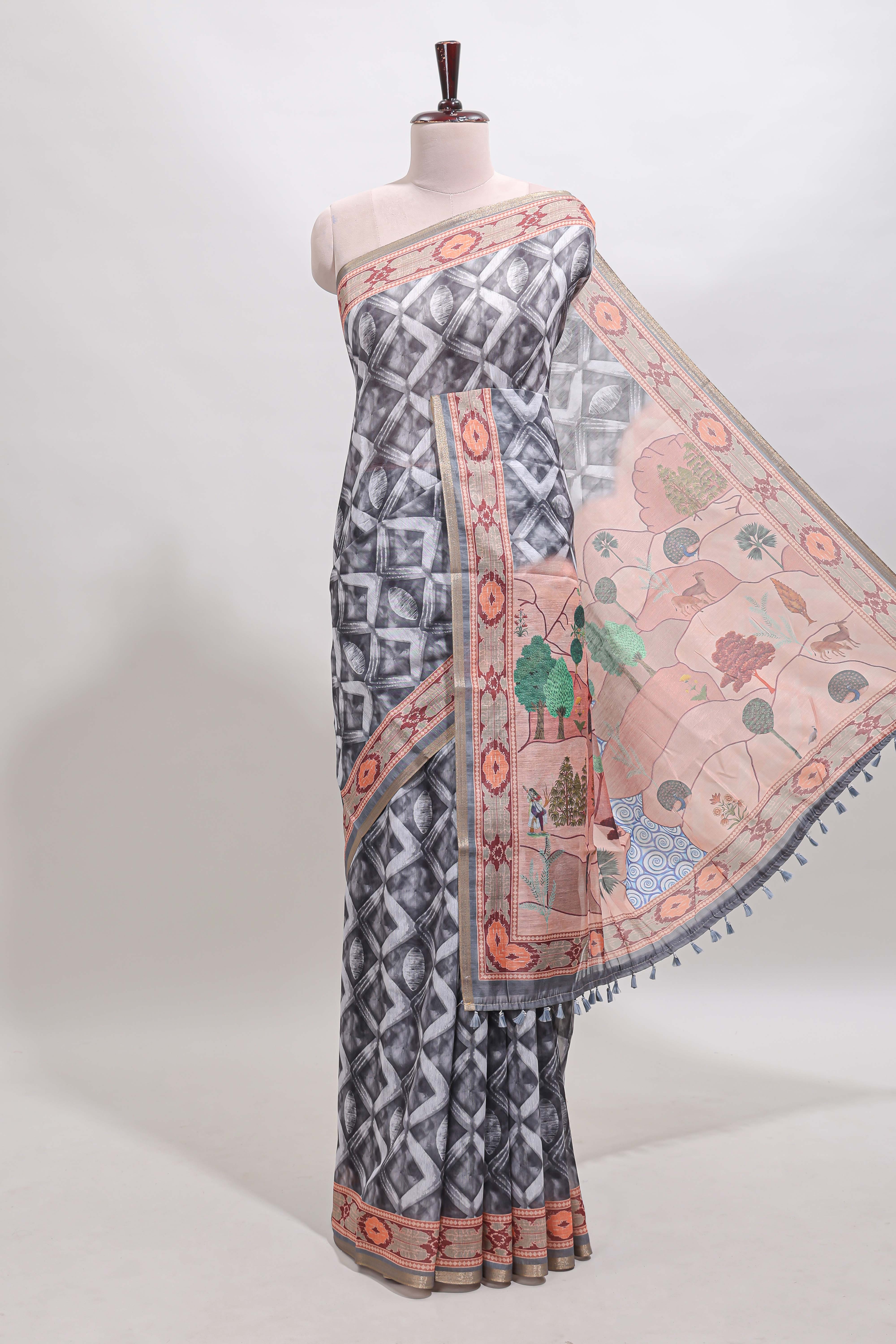 Grey geometric digital print linen cotton saree with self zari border and matching blouse