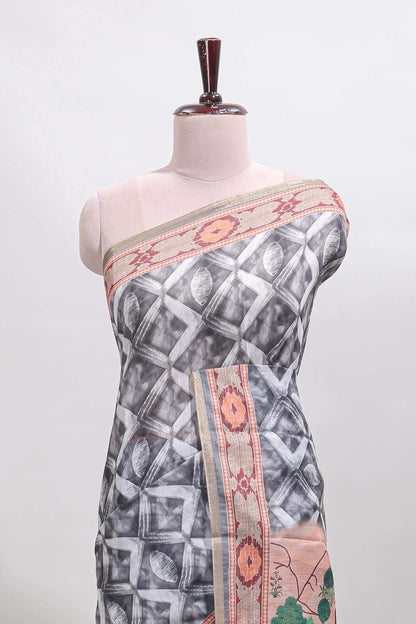 Grey geometric digital print linen cotton saree with self zari border and matching blouse
