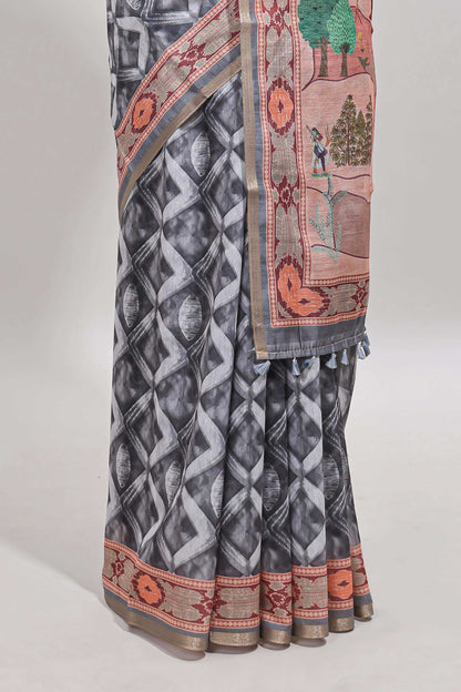 Grey geometric digital print linen cotton saree with self zari border and matching blouse