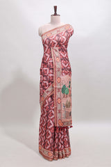 Peach geometric digital print linen cotton saree with self zari border and matching blouse