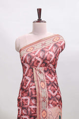 Peach geometric digital print linen cotton saree with self zari border and matching blouse