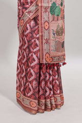 Peach geometric digital print linen cotton saree with self zari border and matching blouse