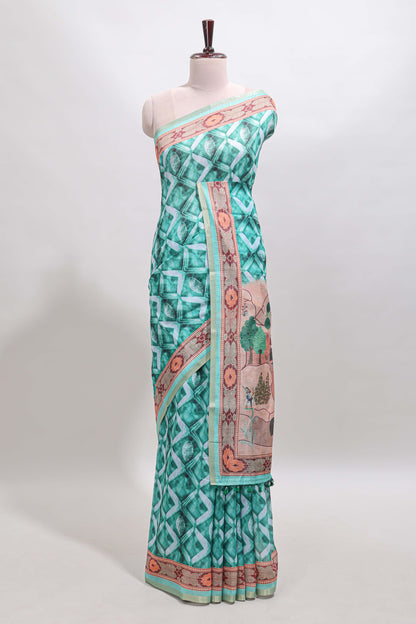 Green geometric digital print linen cotton saree with self zari border and matching blouse
