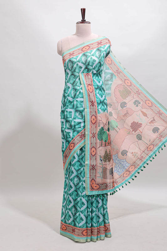 Green geometric digital print linen cotton saree with self zari border and matching blouse