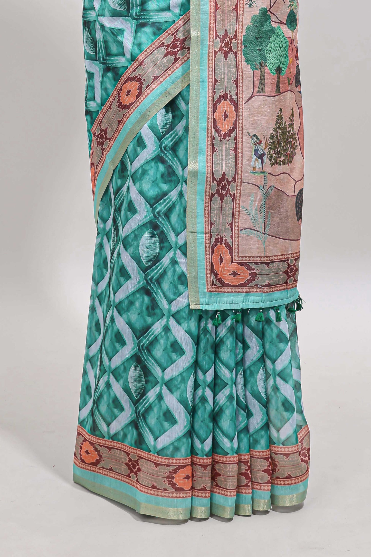 Green geometric digital print linen cotton saree with self zari border and matching blouse