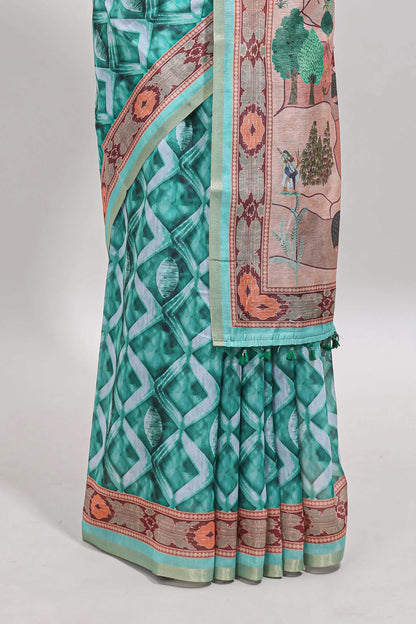 Green geometric digital print linen cotton saree with self zari border and matching blouse