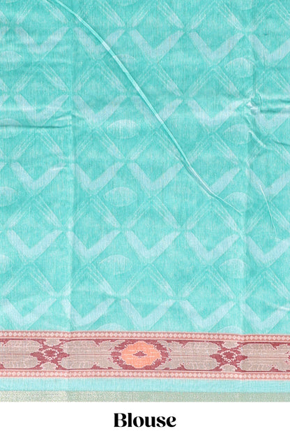 Green geometric digital print linen cotton saree with self zari border and matching blouse