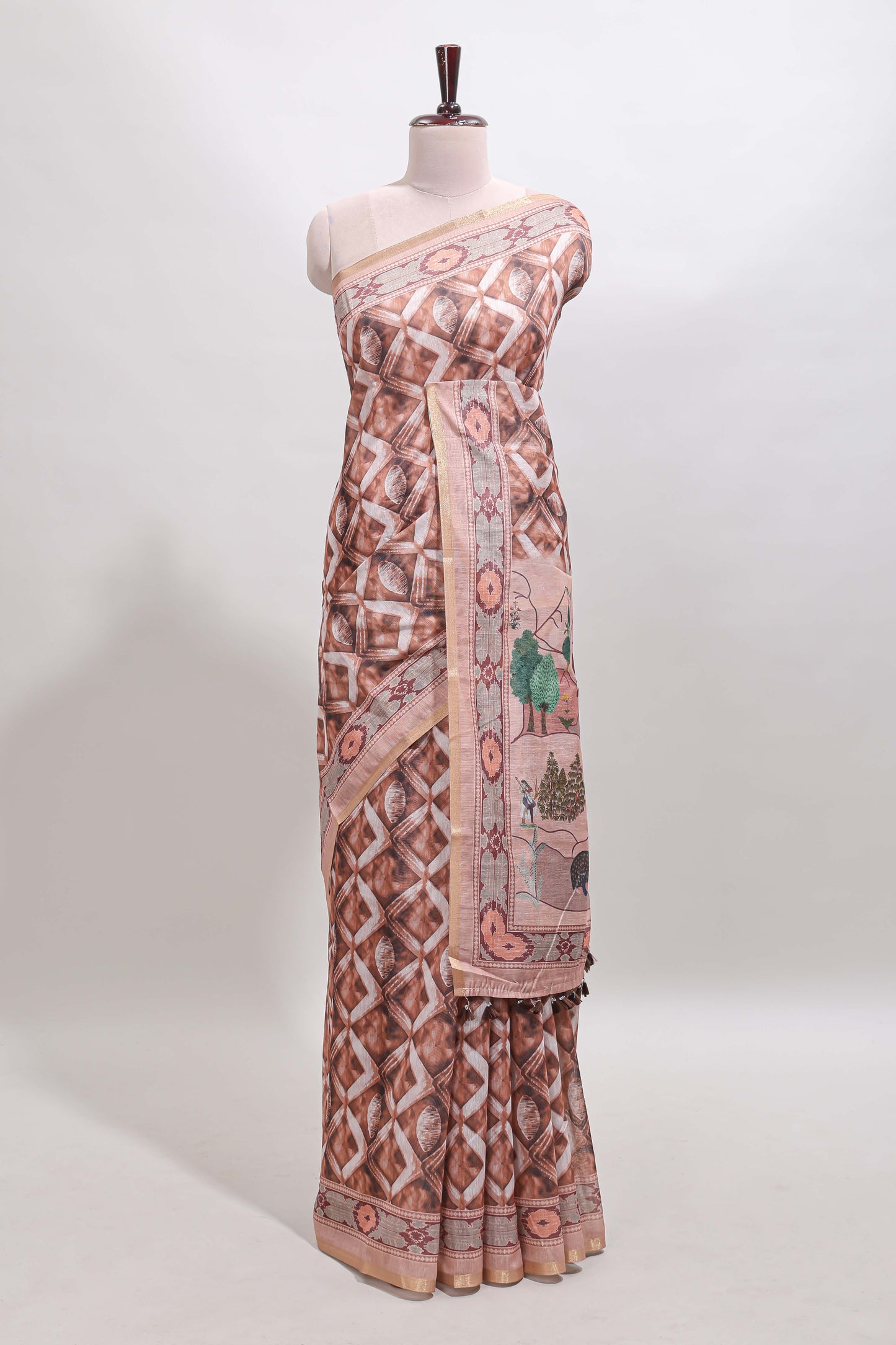 Brown geometric digital print linen cotton saree with self zari border and matching blouse