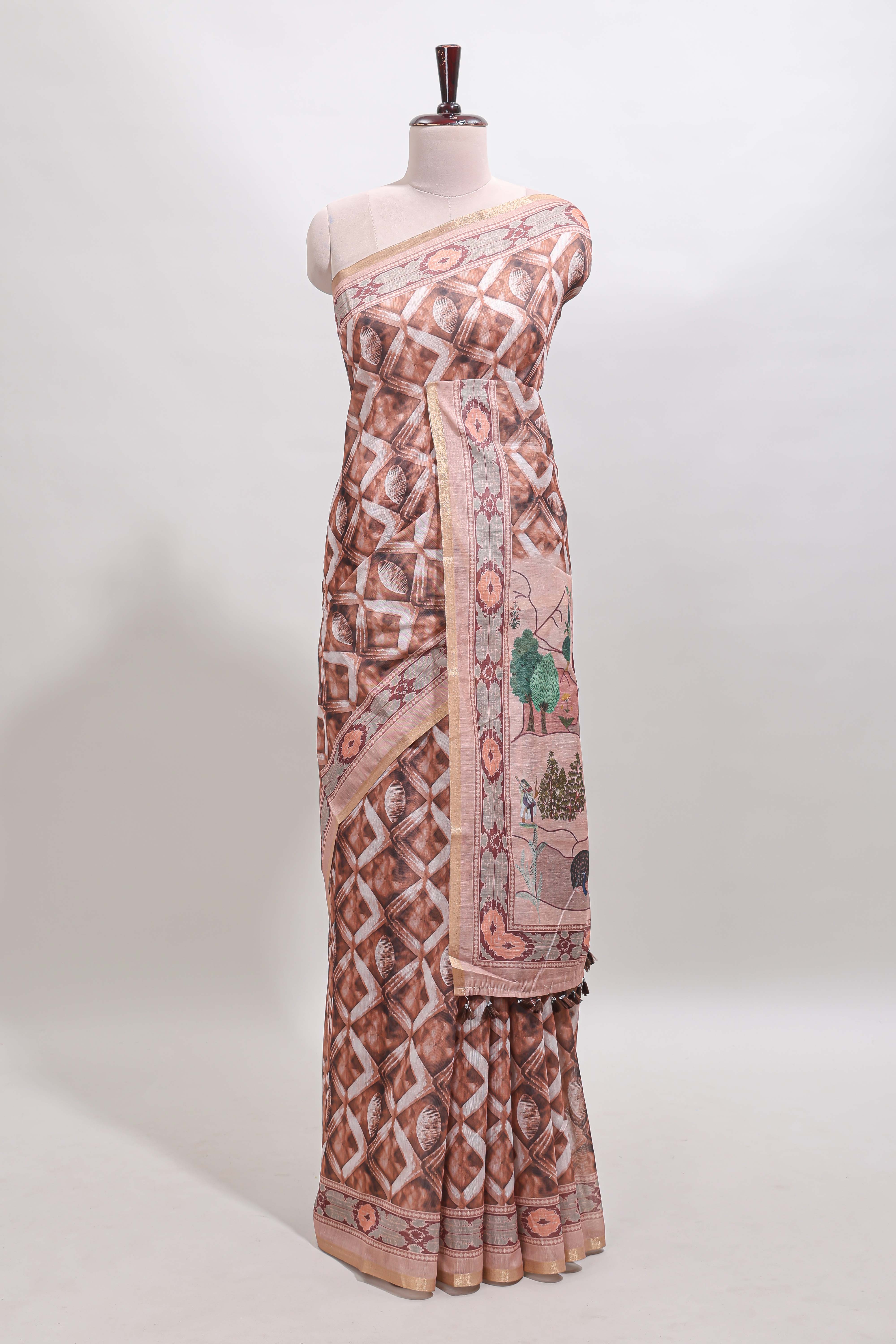 Brown geometric digital print linen cotton saree with self zari border and matching blouse