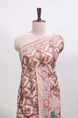 Brown geometric digital print linen cotton saree with self zari border and matching blouse