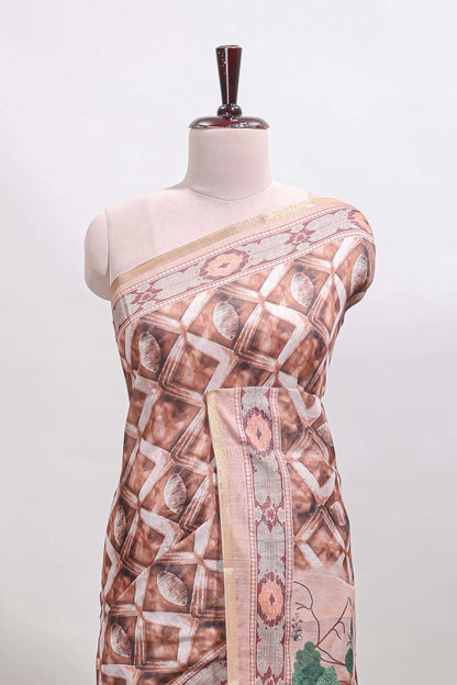 Brown geometric digital print linen cotton saree with self zari border and matching blouse