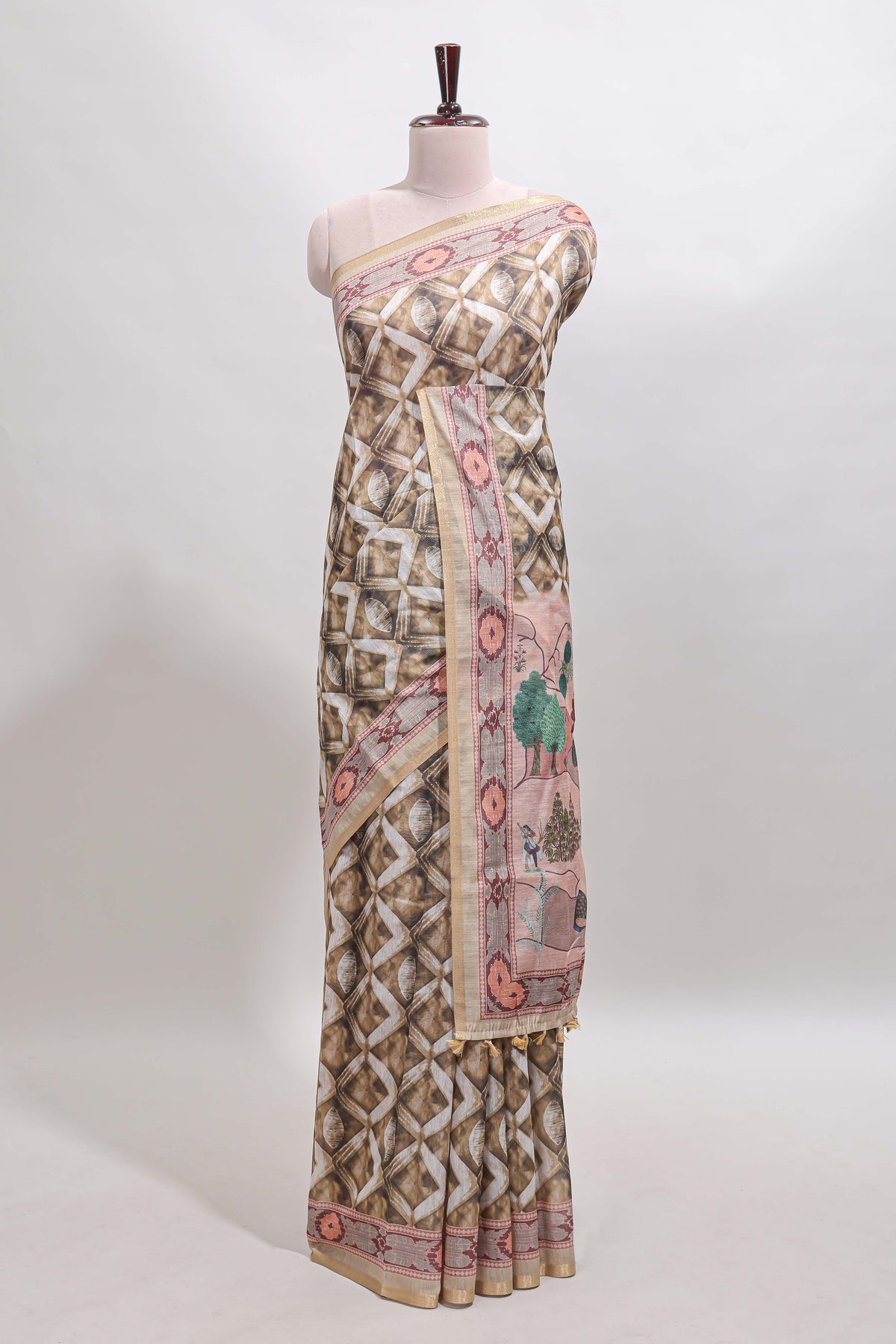 Olive green geometric digital print linen cotton saree with self zari border and matching blouse