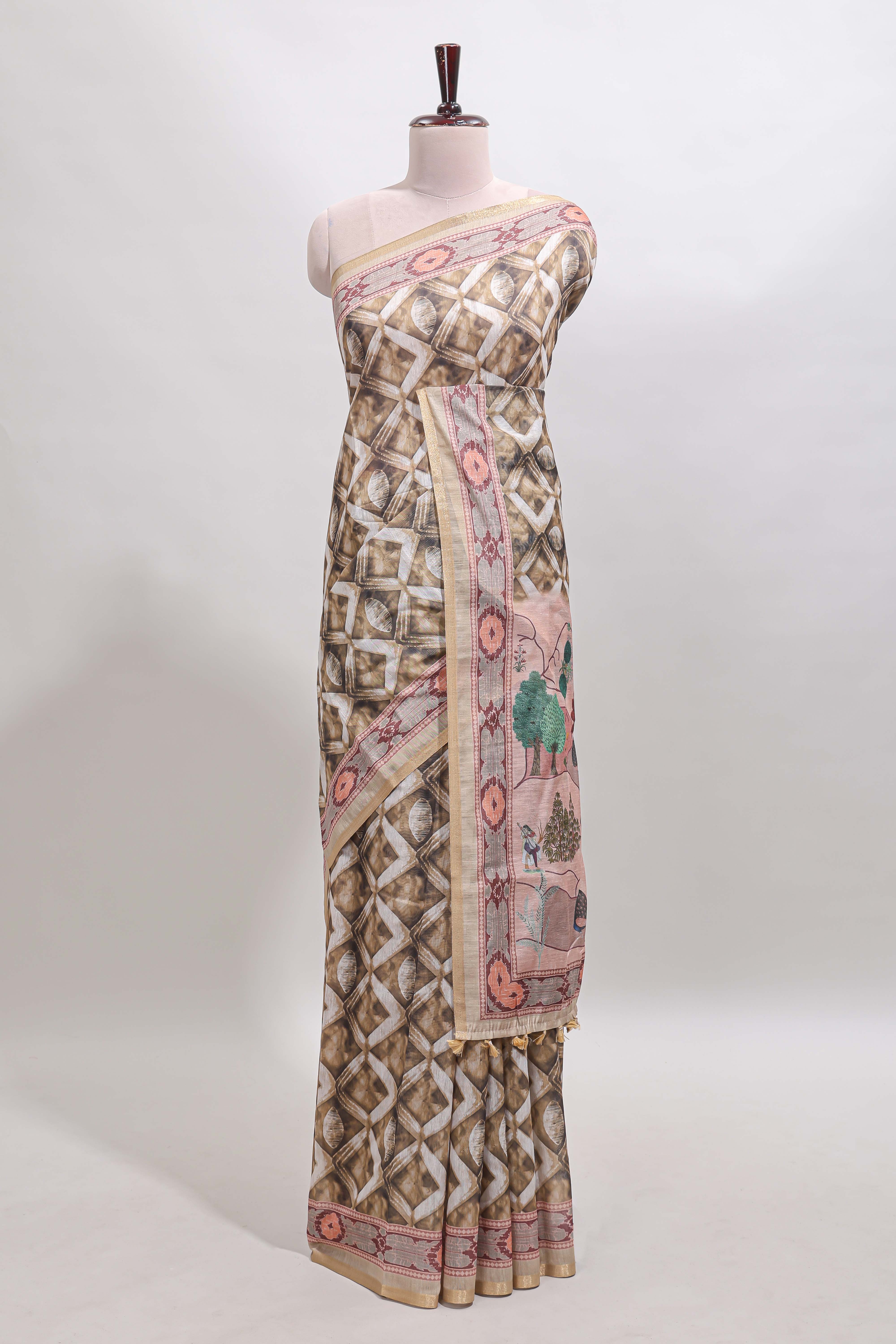 Olive green geometric digital print linen cotton saree with self zari border and matching blouse