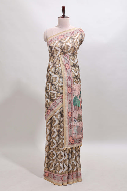 Olive green geometric digital print linen cotton saree with self zari border and matching blouse
