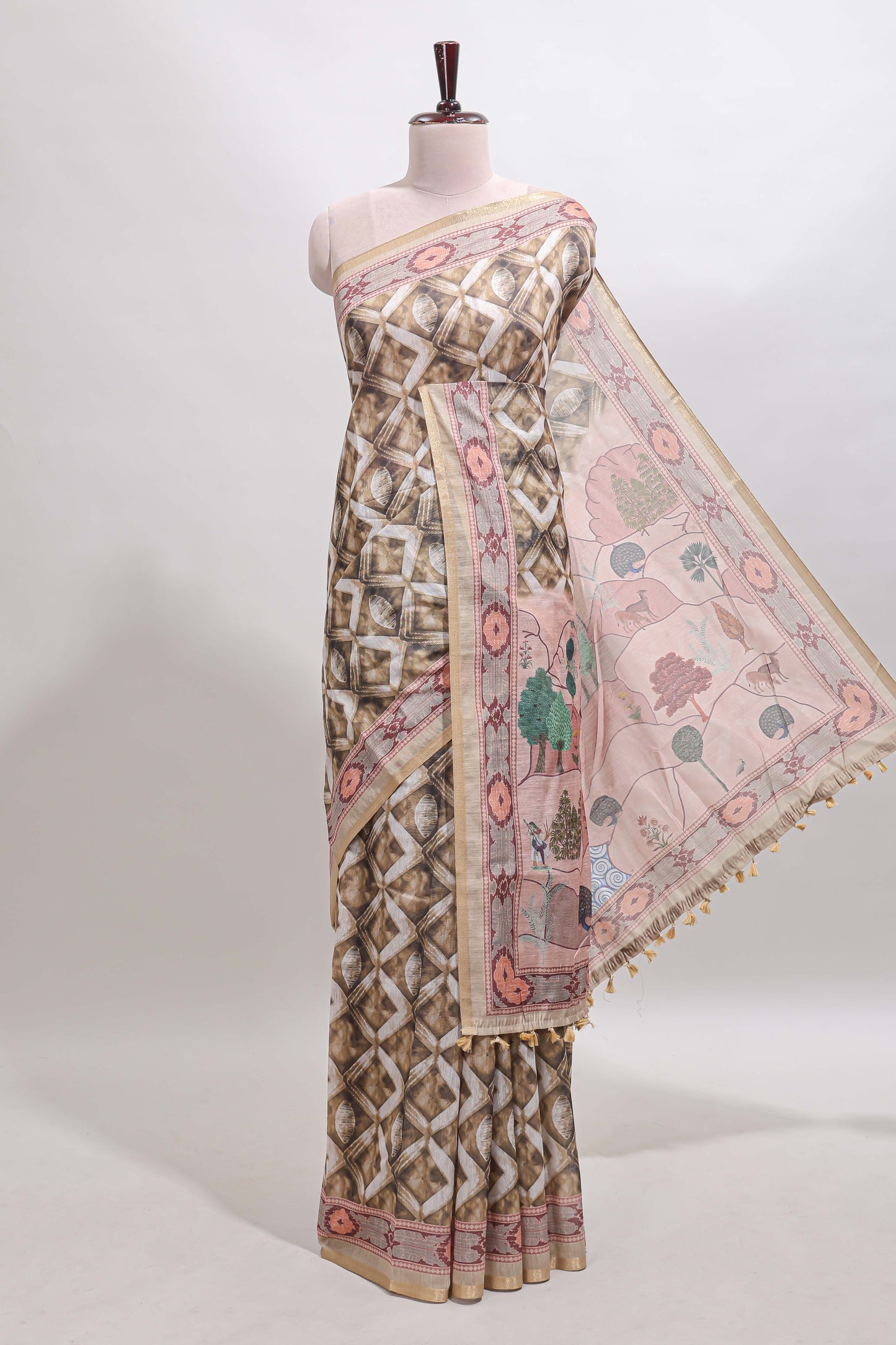 Olive green geometric digital print linen cotton saree with self zari border and matching blouse