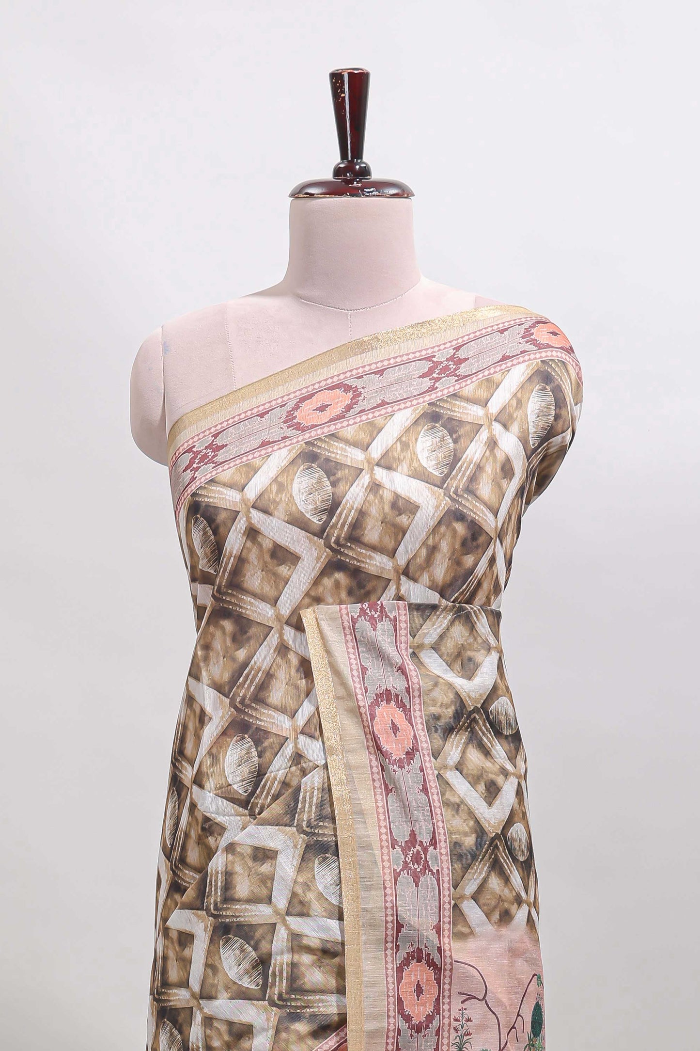 Olive green geometric digital print linen cotton saree with self zari border and matching blouse