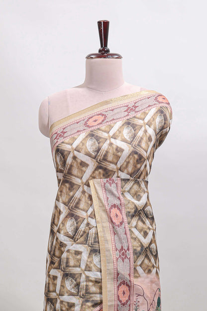 Olive green geometric digital print linen cotton saree with self zari border and matching blouse
