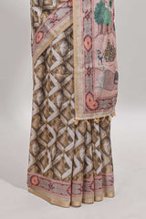 Olive green geometric digital print linen cotton saree with self zari border and matching blouse