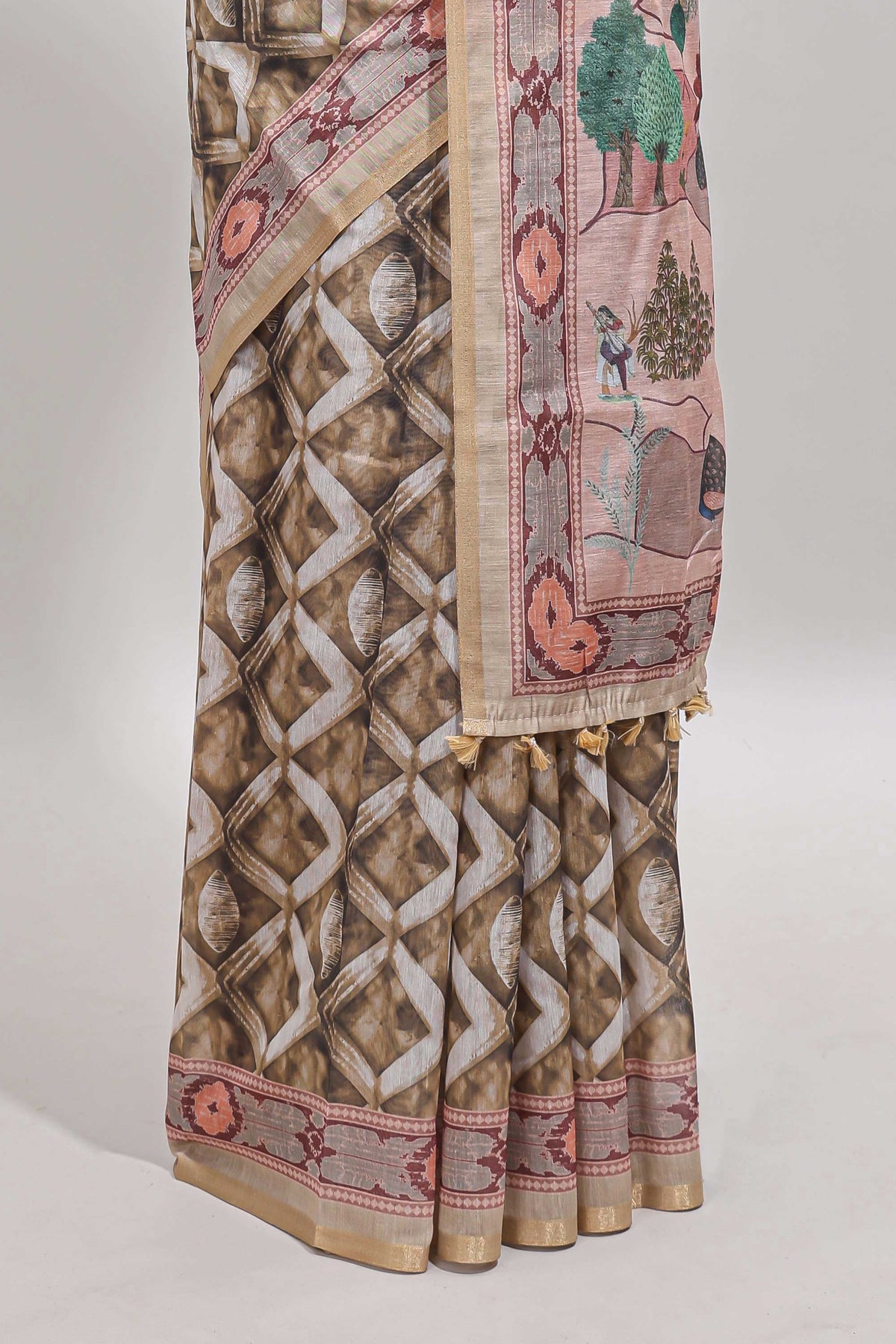 Olive green geometric digital print linen cotton saree with self zari border and matching blouse