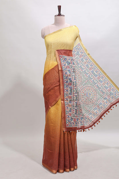 Yellow & brown dual shade checked linen cotton saree with self zari border and contrast printed pallu