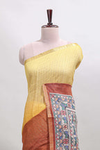 Yellow & brown dual shade checked linen cotton saree with self zari border and contrast printed pallu