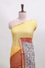 Yellow & brown dual shade checked linen cotton saree with self zari border and contrast printed pallu