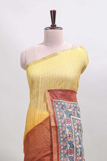 Yellow & brown dual shade checked linen cotton saree with self zari border and contrast printed pallu
