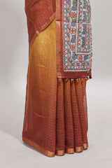 Yellow & brown dual shade checked linen cotton saree with self zari border and contrast printed pallu
