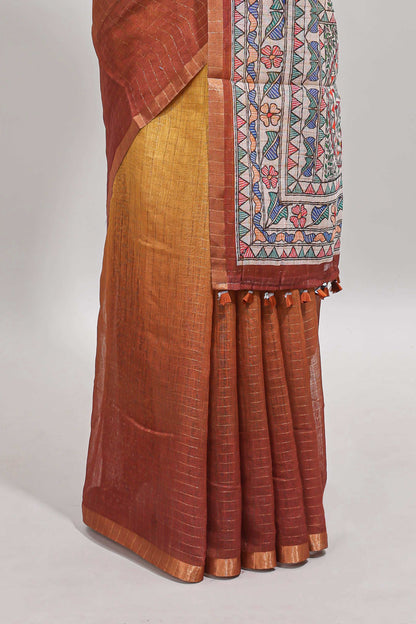 Yellow & brown dual shade checked linen cotton saree with self zari border and contrast printed pallu