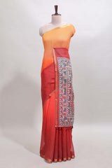 Orange & maroon dual shade checked linen cotton saree with self zari border and contrast printed pallu